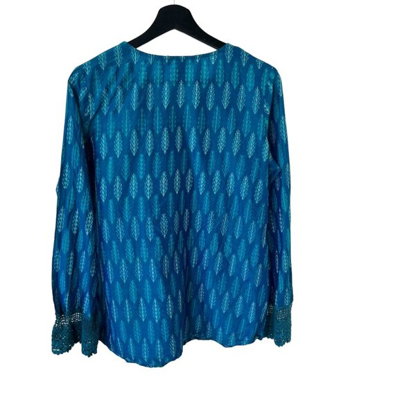 Sundance Blue Boho Print Embroidered Long Sleeve Top Cotton Silk Blend Medium - Picture 3 of 7